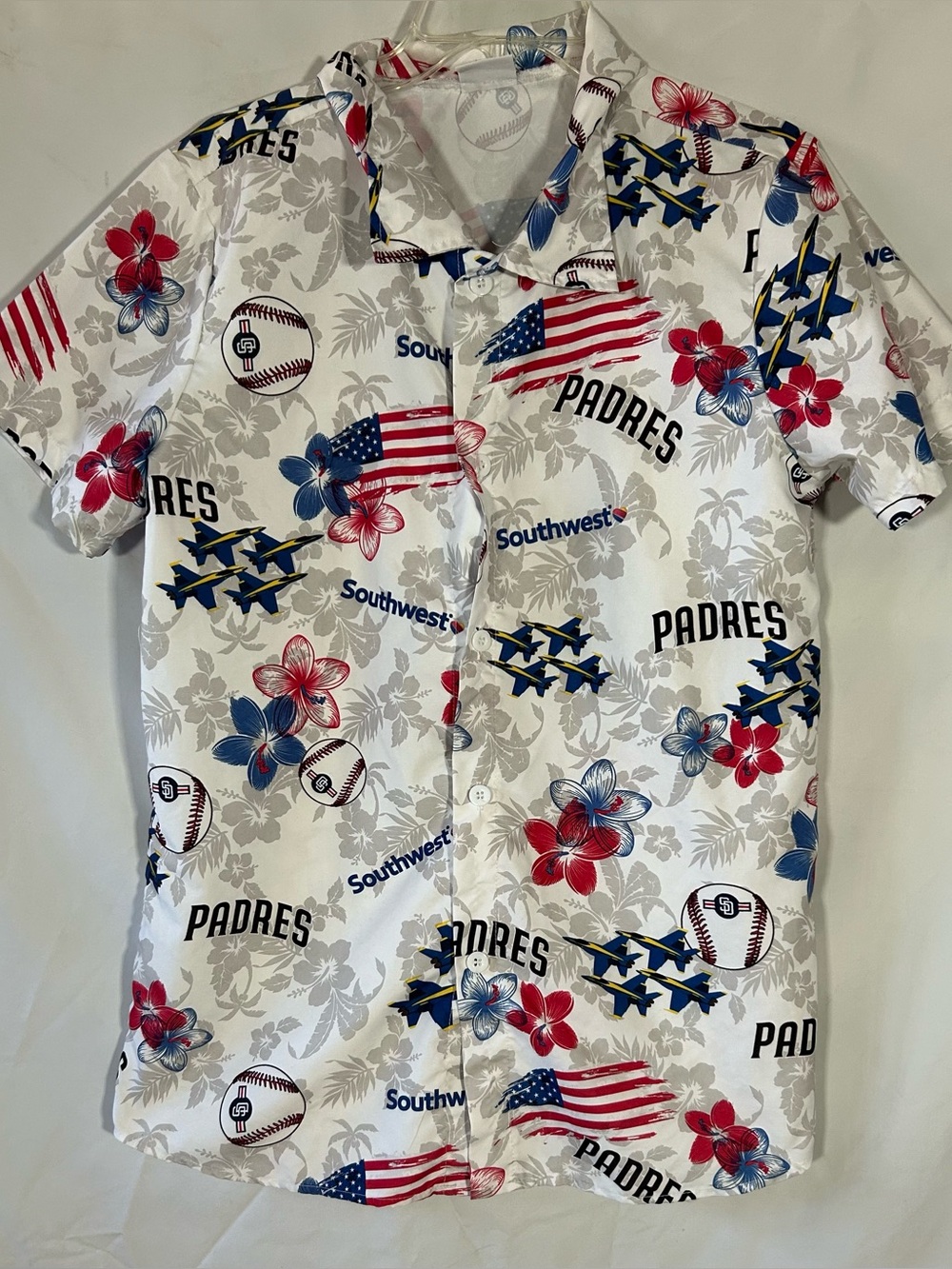 SAN DIEGO PADRES PATRIOTIC ALOHA FLOWER SHORT SLEEVE BASEBALL JERSEY MENS MEDIUM